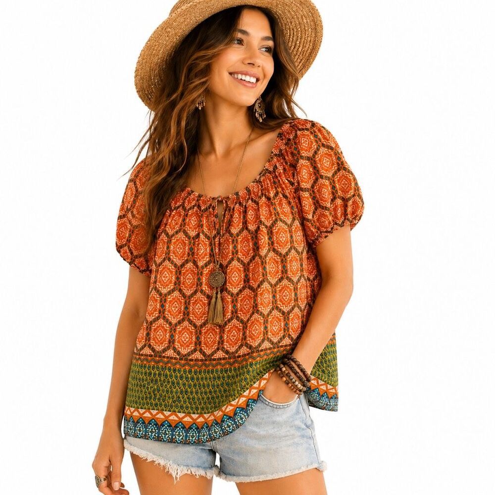 Jemma Boho Blouse Size Small Oversized Orange Green Geometric Print Peasant Top